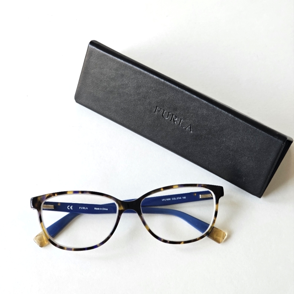Furla Brown Tortoise Cat Eye Frame Glasses W Blue Temples VFU169K COL.0744 140